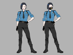 Rule 34 | 1girl, belt, black belt, black footwear, black gloves, black hair, black necktie, black pants, blue eyes, blue shirt, bob cut, boots, collared shirt, commentary request, contrapposto, fingerless gloves, glasgow smile, gloves, grey background, hand on own hip, looking to the side, mask, mouth mask, multiple views, necktie, original, pants, police, police badge, police uniform, policewoman, shirt, short hair, short sleeves, sideways glance, simple background, tomono rui, uniform, wing collar