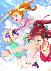 Rule 34 | 3girls, arms up, bakusou kyoudai let&#039;s &amp; go!! max, belt, black footwear, blue eyes, blue sky, bracelet, clenched hands, cloud, cloudy sky, commentary, crossover, day, frilled shirt, frills, green eyes, green ribbon, green shorts, green vest, grey shorts, hair ribbon, holding, holding sword, holding weapon, jewelry, jumping, kohsaka jun, legs up, lens flare, light particles, long hair, long sleeves, looking to the side, medium hair, multiple crossover, multiple girls, natsuumi manatsu, necklace, oogami marina, open mouth, orange belt, orange hair, outdoors, ponytail, precure, punching, purple socks, rainbow, red hair, red tank top, ribbon, ring, saikyou kamizmode!, shirt, shoes, short shorts, shorts, side ponytail, sky, sleeveless, sleeveless shirt, smile, socks, sword, tanba rin (saikyou kamizmode!), tank top, tropical-rouge! precure, twintails, vest, weapon, white shirt, yellow ribbon, yellow shirt