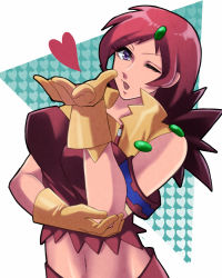 Rule 34 | 00s, 1girl, artist request, ass, bare shoulders, blowing kiss, breasts, female focus, gloves, hair ornament, head tilt, kiss, large breasts, long hair, looking at viewer, naomi fluegel, navel, one eye closed, red eyes, red hair, revealing clothes, shiny clothes, shiny skin, smile, solo, spiked hair, standing, upper body, wink, zoids, zoids shinseiki/zero