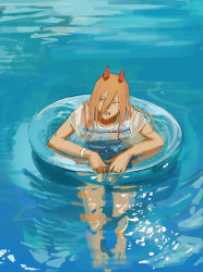 Rule 34 | 1girl, absurdres, bracelet, brown hair, chainsaw man, day, hair between eyes, highres, horns, innertube, jewelry, light brown hair, long hair, null (skev7724), open mouth, orange eyes, partially submerged, pool, power (chainsaw man), red horns, sharp teeth, solo, swim ring, teeth, tongue, transparent, water, wet, wet clothes