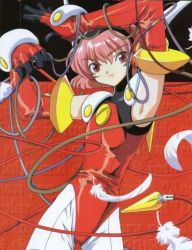 Rule 34 | 1girl, angelic layer, cable, clamp, elbow gloves, gloves, hikaru (angelic layer), jpeg artifacts, leotard, official art, pink hair, red eyes, red leotard, short hair, solo
