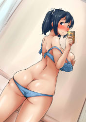 Rule 34 | 1girl, adapted object, alternate costume, ass, ayuayu (shouyu no sato), back, blue bra, blue eyes, blue hair, blue panties, blush, bra, bra pull, breasts, butt crack, camera flash, cellphone, clothes pull, covering privates, covering breasts, curvy, dutch angle, from behind, grabbing own breast, hair ribbon, holding, holding phone, kantai collection, large breasts, light smile, lingerie, looking at viewer, looking back, lowleg, lowleg panties, mirror, panties, phone, plump, ribbon, selfie, sideboob, sidelocks, smartphone, smile, solo, souryuu (kancolle), standing, twintails, underwear, white ribbon