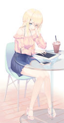 Rule 34 | 1girl, absurdres, arm cutout, bare legs, black ribbon, blonde hair, blue eyes, blue skirt, bra strap, breasts, cellphone, chair, closed eyes, commentary, cup, disposable cup, drinking straw, eyes visible through hair, frilled shirt, frills, full body, glass table, hair ornament, half updo, hand in own hair, hand up, highres, ice, ice cube, knees together feet apart, long hair, long sleeves, looking at viewer, medium breasts, medium skirt, munseonghwa, off-shoulder shirt, off shoulder, on chair, original, parted lips, phone, pink shirt, ribbon, ribbon-trimmed sleeves, ribbon trim, sandals, shirt, simple background, sitting, skirt, smartphone, smile, solo, symbol-only commentary, table, white background, white footwear, wooden floor