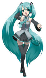 Rule 34 | boots, detached sleeves, green eyes, green hair, hatsune miku, legs, long hair, necktie, skirt, solo, suzume inui, thigh boots, thighhighs, twintails, vocaloid