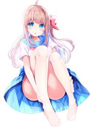 Rule 34 | 1girl, :o, antenna hair, bad feet, bare legs, barefoot, blue eyes, blue sailor collar, blue skirt, blush, bow, breasts, brown hair, chikuwa., commentary request, convenient leg, green eyes, hair bow, highres, long hair, looking at viewer, medium breasts, multicolored eyes, one side up, original, parted lips, pleated skirt, red bow, red neckwear, sailor collar, school uniform, serafuku, shirt, short sleeves, simple background, sitting, skirt, solo, very long hair, white background, white shirt