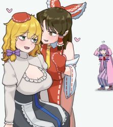 Rule 34 | !?, 3girls, :3, bad id, bad twitter id, benikurage (cookie), black dress, blonde hair, blue bow, blush, boots, bow, braid, breasts, brown eyes, brown hair, cleavage, cleavage cutout, clothing cutout, coat, collared dress, commentary, cookie (touhou), cowboy shot, detached sleeves, dress, fff threesome, footwear bow, frilled bow, frilled hair tubes, frills, full body, green eyes, group sex, hair bow, hair tubes, hakurei reimu, hands on own head, heart, highres, juliet sleeves, kirisame marisa, large breasts, long hair, long sleeves, looking at another, mars (cookie), medium hair, mittens, mmf threesome, multi-tied hair, multiple girls, necktie, no headwear, ohasi, open mouth, patchouli knowledge, pink coat, puffy sleeves, purple bow, purple dress, purple eyes, purple hair, red bow, red dress, red mittens, rei no himo, ribbon-trimmed dress, ribbon-trimmed sleeves, ribbon trim, shirt, side braid, sideless outfit, simple background, single braid, sleeveless, sleeveless dress, striped clothes, striped dress, taisa (cookie), threesome, touhou, vertical-striped clothes, vertical-striped dress, white shirt, white sleeves, yellow necktie