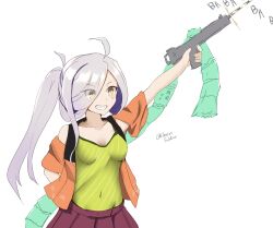 Rule 34 | 1girl, ahoge, asashimo (kancolle), brown eyes, camisole, commentary request, cowboy shot, eyes visible through hair, firing, grey hair, grin, gun, hair over one eye, happi, highres, holding, holding gun, holding weapon, japanese clothes, kantai collection, long hair, machine gun, minoa 11touhei, one-hour drawing challenge, open clothes, ponytail, sachet, sharp teeth, simple background, smile, solo, teeth, weapon, white background, yellow camisole