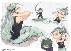 Rule 34 | !, 2boys, ^^^, adjusting hair, anger vein, arms up, artist name, black eyes, black tank top, buddha (shuumatsu no valkyrie), candy, chibi, closed mouth, dreaming oor, earrings, facing another, fins, fishing, fishing rod, food, glasses, green hair, hair bun, hand in own hair, hands on own head, head bump, highres, hitting, holding, holding fishing rod, jewelry, loki (shuumatsu no valkyrie), lollipop, long hair, looking to the side, male focus, merman, monster boy, monsterification, mouth hold, multicolored hair, multiple boys, multiple views, partially submerged, pink-tinted eyewear, short eyebrows, short hair, shuumatsu no valkyrie, simple background, single hair bun, sitting, sleeveless, soaking feet, spoken object, standing, streaked hair, swimming, tank top, taur, thai commentary, tinted eyewear, tusks, twitter username, upper body, wet, white background, yellow-framed eyewear