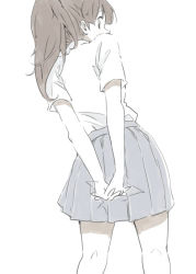 Rule 34 | 1girl, arms behind back, character request, from behind, looking back, nishiuri warito, own hands clasped, own hands together, pleated skirt, ponytail, school uniform, shirt, sketch, skirt, solo, white shirt