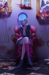 Rule 34 | 1girl, absurdres, ascot, beret, black gloves, blood, blood on wall, blood splatter, blue footwear, blue hair, blue hat, blue shirt, boots, crossed legs, drawing (object), eyes visible through hair, frilled skirt, frills, full body, gloves, hair between eyes, hand on own cheek, hand on own face, hat, high heel boots, high heels, highres, holding, holding scissors, hololive, hoshimachi suisei, kneehighs, long sleeves, looking at viewer, miniskirt, parted lips, partially fingerless gloves, pink ascot, pink socks, pleated skirt, purple eyes, scissors, shirt, side ponytail, single kneehigh, single sock, sitting, skirt, socks, solo, star (symbol), star in eye, symbol in eye, virtual youtuber, yihsien