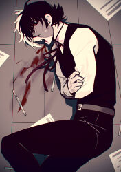 Rule 34 | 1boy, absurdres, belt, belt buckle, black hair, black jack (character), black jack (series), black vest, bleeding, blood, blood from mouth, blood splatter, buckle, collared shirt, crossed arms, highres, long sleeves, male focus, multicolored hair, neck ribbon, on floor, open mouth, paper, patchwork skin, red ribbon, ribbon, scalpel, scar, scar on face, shirt, short hair, sideburns, solo, split-color hair, sweat, tian niunai hezi, two-tone hair, vest, vomiting blood, white hair, white shirt, wide-eyed, wooden floor
