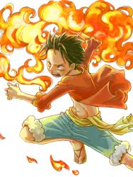 Rule 34 | 1boy, black hair, fighting stance, fire, male focus, monkey d. luffy, one piece, open clothes, open shirt, red shirt, sandals, sash, shirt, solo