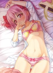 Rule 34 | 10s, 1girl, adapted costume, arm up, bed, blush, bow, bow bra, bow panties, bra, breasts, commentary request, gluteal fold, hair ribbon, hand on own face, kaname madoka, lingerie, looking at viewer, lying, mahou shoujo madoka magica, mahou shoujo madoka magica (anime), matokechi, navel, on back, open clothes, panties, pink eyes, pink hair, pink panties, ribbon, short hair, short twintails, small breasts, solo, twintails, underwear