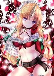 Rule 34 | 1girl, animal, animal ear fluff, animal ears, belt, belt buckle, bikini, black belt, blonde hair, blue eyes, blurry, blurry background, blush, breasts, buckle, chain, cleavage, closed mouth, commentary request, depth of field, elbow gloves, fenrir knight, fur-trimmed bikini, fur trim, gloves, hand up, highres, horns, long hair, medium breasts, nanase nao, navel, parted bangs, red bikini, red gloves, riesz, seiken densetsu, seiken densetsu 3, side-tie bikini bottom, single horn, smile, solo, swimsuit, very long hair, wolf