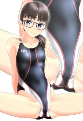 Rule 34 | 1girl, absurdres, black hair, black one-piece swimsuit, blue eyes, blunt bangs, cameltoe, clothes writing, competition swimsuit, cowboy shot, glasses, gluteal fold, hair over shoulder, highres, looking at viewer, multicolored clothes, multicolored swimsuit, multiple views, one-piece swimsuit, original, simple background, sitting, spread legs, swimsuit, takafumi, white background, zoom layer