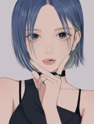 Rule 34 | 1girl, aqua nails, bare shoulders, black bra, black eyes, black shirt, blue hair, bra, choker, close-up, collarbone, cunnilingus gesture, ear piercing, earrings, green hair, grey background, highres, jewelry, licking lips, lips, looking at viewer, multicolored hair, nail polish, parted bangs, parted lips, piercing, portrait, ring, shirabuji (weeping wt), shirt, short hair, simple background, single strap, sleeveless, sleeveless shirt, solo, streaked hair, tongue, tongue out, underwear