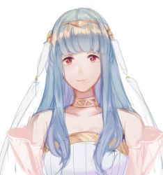 Rule 34 | 1girl, bad id, bad twitter id, bare shoulders, blue hair, bridal veil, bride, dress, fire emblem, fire emblem: the blazing blade, fire emblem heroes, hair ornament, jewelry, llicornia, long hair, looking at viewer, necklace, ninian, nintendo, red eyes, smile, solo, veil, wedding dress
