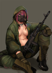Rule 34 | 1girl, ak-74, ak-74m, assault rifle, bad id, bad pixiv id, boots, breasts, brown eyes, center opening, cross-laced footwear, dog tags, eyelashes, gas mask, gloves, gun, highres, hood, jewelry, jumpsuit, jun jun, kalashnikov rifle, knee pads, lace-up boots, large breasts, long hair, long sleeves, looking at viewer, mask, multicolored hair, navel, necklace, no shirt, original, rifle, shade, shadow, simple background, sitting, solo, stomach, sweat, swept bangs, weapon