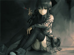 Rule 34 | 1girl, bad id, bad pixiv id, belt, black hair, black thighhighs, cigarette, gun, jacket, looking at viewer, necktie, original, panties, pantyshot, pleated skirt, rifle, school uniform, scope, seafh, shoes, short hair, sitting, sketch, skirt, smoking, sneakers, sniper rifle, solo, thighhighs, underwear, upskirt, weapon, yellow eyes