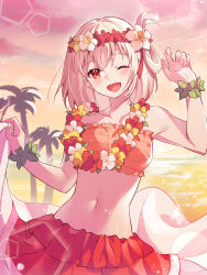 Rule 34 | 1girl, ;d, absurdres, akitsuki (oenothera), bikini, blonde hair, blush, breasts, flower, flower necklace, frilled skirt, frills, hair flower, hair ornament, head wreath, hibiscus, highres, lei, lycoris recoil, nishikigi chisato, one eye closed, open mouth, outdoors, palm tree, red eyes, red skirt, short hair, skirt, skirt hold, sky, smile, solo, strapless, swimsuit, tree, tube top