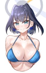 Rule 34 | 1girl, absurdres, bare shoulders, blue eyes, blue hair, blush, breast focus, breasts, cleavage, close-up, cropped arms, cropped torso, earrings, hair intakes, highres, hololive, hololive english, jewelry, large breasts, long hair, looking at viewer, multicolored hair, otaichiichi, ouro kronii, shiny skin, short hair, simple background, smile, solo, upper body, virtual youtuber, white background
