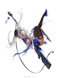 Rule 34 | 1girl, absurdres, anti-materiel rifle, arm tattoo, bare shoulders, blue dress, blue footwear, bolt action, china dress, chinese clothes, dark-skinned female, dark skin, detached sleeves, dress, full body, girls&#039; frontline, grey eyes, gun, gun sling, hair ornament, hair over one eye, hairband, hand to own mouth, hat, high heels, highres, hs.50 (girls&#039; frontline), hs.50 (sigh of the waterfront pine) (girls&#039; frontline), long hair, looking at viewer, official alternate costume, official art, rifle, sawamaharu, shoe dangle, simple background, sleeveless, sleeveless dress, sniper rifle, solo, steyr hs .50, tattoo, thighhighs, torn clothes, torn thighhighs, twintails, weapon, weibo username, white background, white hair