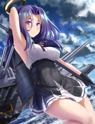 Rule 34 | 1girl, black dress, black gloves, blue sky, cannon, cloud, commentary request, day, dress, glaive (polearm), gloves, hair intakes, halo, highres, holding, holding weapon, kantai collection, mechanical halo, mole, mole under eye, motomatsu naoki, outdoors, pleated dress, polearm, purple eyes, purple hair, revision, rigging, short dress, short hair, sky, sleeveless, sleeveless dress, smile, solo, tatsuta (kancolle), turret, weapon