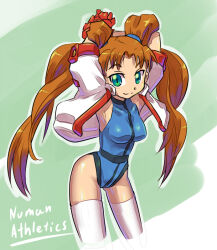 Rule 34 | 1girl, armpits, arms behind head, arms up, athletic leotard, blue leotard, breasts, brown hair, copyright name, gloves, green eyes, jacket, leotard, long hair, medium breasts, numan athletics, red gloves, sharon les halles, smile, solo, thighhighs, thighs, twintails, white jacket, white thighhighs, yabe makoto