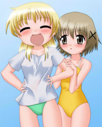 Rule 34 | 2girls, blonde hair, brown hair, hidamari sketch, kannazuki okuto, miyako (hidamari sketch), multiple girls, swimsuit, yuno (hidamari sketch)