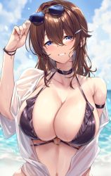 Rule 34 | 1girl, beach, bikini, black bikini, black choker, blue eyes, breasts, brown hair, choker, cleavage, collarbone, commentary request, day, eyewear on head, hair between eyes, hair ornament, hairclip, highres, ks (xephyrks), large breasts, light blush, long hair, navel, o-ring, o-ring bikini, off shoulder, original, outdoors, parted lips, see-through, shirt, single bare shoulder, smile, solo, sunglasses, swimsuit, water drop, wet, wet clothes, wet shirt, white shirt