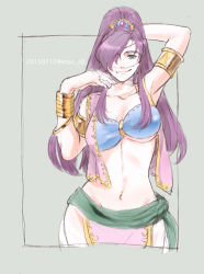 Rule 34 | 1girl, breasts, closed mouth, commentary request, faris scherwiz, female focus, final fantasy, final fantasy v, green eyes, hair over one eye, jewelry, large breasts, long hair, looking at viewer, midriff, mystic knight, navel, ponytail, purple hair, simple background, smile, solo, toutoumi, underboob