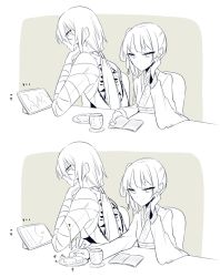 Rule 34 | 1boy, 1girl, back tattoo, book, cellphone, chinese clothes, commentary request, cup, fate/grand order, fate (series), greyscale, hand on own cheek, hand on own face, hanfu, holding, holding book, jing ke (fate), long hair, monochrome, open book, phone, plate, side ponytail, sitting, tattoo, teacup, ugetsu (chimere/marie), yan qing (fate)