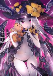 Rule 34 | 1girl, abigail williams (fate), abigail williams (third ascension) (fate), black bow, black panties, bow, breasts, commentary, covered mouth, fate/grand order, fate (series), fingernails, glowing, hat, head tilt, highres, holding, holding stuffed toy, keyhole, long hair, looking at viewer, navel, orange bow, pale skin, panties, pink eyes, polka dot, polka dot bow, purple hat, revealing clothes, silver hair, small breasts, solo, stuffed animal, stuffed toy, suction cups, teddy bear, tentacles, topless, underwear, underwear only, usagihime, very long hair, witch hat