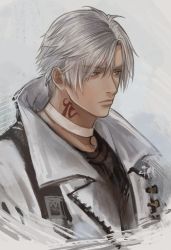 Rule 34 | 1boy, black shirt, choker, closed mouth, coat, commentary, final fantasy, final fantasy xiv, grey background, grey eyes, hyur, kanmay, male focus, neck tattoo, open clothes, open coat, shirt, short hair, silver hair, solo, symbol-only commentary, tattoo, thancred waters, upper body, white choker, white coat