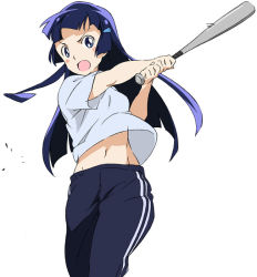 Rule 34 | 10s, 1girl, aoki reika, baseball bat, blue eyes, blue hair, frown, long hair, looking at viewer, matching hair/eyes, open mouth, pants, precure, simple background, smile precure!, solo, track pants, umanosuke, white background