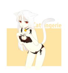 Rule 34 | 1girl, albino, animal ears, arched back, bad id, bad pixiv id, bell, black bra, black nails, black panties, bra, breasts, cat cutout, cat ear panties, cat ears, cat girl, cat lingerie, choker, cleavage, cleavage cutout, clothing cutout, expressionless, fang, hands on own chest, highres, jingle bell, leaning forward, lingerie, lmt (ksa1162), long hair, looking at viewer, medium breasts, meme attire, nail polish, neck bell, open mouth, original, panties, red eyes, side-tie panties, solo, underwear, underwear only, white hair