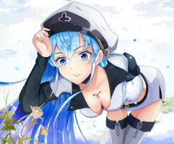 Rule 34 | 10s, 1girl, akame ga kill!, arm behind back, bent over, blue eyes, blue hair, boots, breasts, cleavage, downblouse, esdeath, flower, hat, l.bou, leaning forward, long hair, matching hair/eyes, md5 mismatch, medium breasts, military, military uniform, parted lips, peaked cap, signature, skirt, smile, solo, thigh boots, thighhighs, uniform