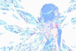 Rule 34 | 1girl, adapted costume, arms at sides, bare shoulders, blue hair, blue theme, blue wings, cirno, closed eyes, commentary, covered mouth, cryokinesis, crystal, duplicate, english commentary, from behind, grey background, highres, ice, ice crystal, ice wings, limited palette, loftyanchor, no lineart, pixel-perfect duplicate, pixel art, short hair, sleeveless, solo, touhou, u u, upper body, wings
