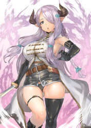 Rule 34 | 10s, 1girl, :o, armpits, belt, black gloves, black panties, black thighhighs, blue eyes, braid, breasts, bug, butterfly, butterfly hair ornament, demon horns, draph, elbow gloves, female focus, gloves, granblue fantasy, hair ornament, hair over one eye, highres, horns, insect, katana, large breasts, long hair, narmaya (granblue fantasy), open mouth, panties, pointy ears, pokkora, purple hair, single braid, single thighhigh, solo, sword, thighhighs, underwear, weapon