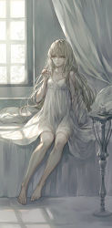 Rule 34 | 1girl, bare shoulders, barefoot, bed, blonde hair, candle, collarbone, curtains, dress, female focus, fingernails, floral print, full body, highres, indoors, light particles, light rays, original, parted lips, pillow, see-through, see-through silhouette, senano-yu, sitting, solo, white curtains, white dress, window, yellow eyes