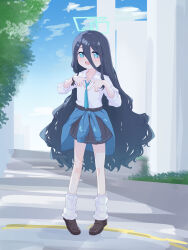 Rule 34 | 1girl, absurdres, alternate hairstyle, aris (blue archive), black footwear, black hair, black skirt, blue archive, blue cardigan, blue eyes, blue halo, blue necktie, blush, cardigan, cardigan around waist, clothes around waist, collared shirt, full body, halo, highres, long hair, looking at viewer, loose socks, necktie, open mouth, pleated skirt, shirt, shoes, skirt, smile, socks, solo, standing, suecovsky, very long hair, white shirt, white socks