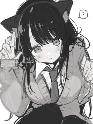 Rule 34 | 1girl, ?, animal ear fluff, animal ears, cat ears, collared shirt, commentary request, fake animal ears, greyscale, hairband, head tilt, highres, long sleeves, looking at viewer, monochrome, necktie, original, pantyhose, parted lips, puffy long sleeves, puffy sleeves, school uniform, shirt, signature, simple background, sketch, sleeves past wrists, sofra, solo, spoken question mark, sweater, twitter username, white background