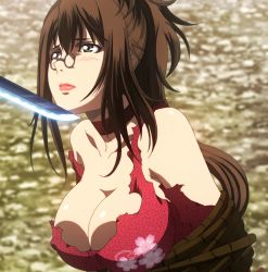 Rule 34 | 10s, 1girl, blush, breasts, brown hair, cleavage, female focus, fuuun ishin dai shogun, glasses, green eyes, hattori kiriko, highres, large breasts, lips, lipstick, long hair, makeup, pink lips, restrained, rope, screencap, solo, stitched, sword, third-party edit, topless, torn clothes, very long hair, weapon