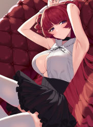 Rule 34 | 1girl, 2l (2lsize), absurdres, armpits, black choker, black ribbon, black skirt, breasts, choker, closed mouth, commentary request, fingernails, hair ribbon, highres, large breasts, long hair, looking at viewer, lying, nail polish, on back, original, purple eyes, red hair, red nails, ribbon, shirt, skirt, sleeveless, sleeveless shirt, thighhighs, twintails, white shirt, white thighhighs, zettai ryouiki