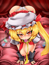 Rule 34 | 1girl, all fours, alternate breast size, ass, bed, blonde hair, blush, breasts, come hither, condom, condom in mouth, crystal, female focus, fingerless gloves, flandre scarlet, gloves, hat, huge breasts, large breasts, mouth hold, nail polish, nipples, okiraku nikku, aged up, open clothes, open shirt, panties, red eyes, shirt, side ponytail, solo, touhou, underwear, white panties, wings