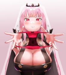 Rule 34 | 1girl, absurdres, black cloak, black dress, blush, bow, bow panties, breasts, clenched teeth, cloak, dress, hands up, highres, holding, holding clothes, holding panties, holding underwear, hololive, hololive english, kuroi suna, large breasts, long hair, looking at viewer, mori calliope, outstretched arms, panties, unworn panties, panty focus, pink hair, presenting removed panties, red eyes, red panties, simple background, sleeveless, sleeveless dress, solo, teeth, underwear, upper body, veil, virtual youtuber