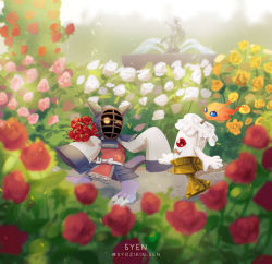 Rule 34 | 5-en, :d, armor, artist name, candmon, claws, digimon, digimon (creature), flower, from side, glowing, glowing eyes, helmet, holding, holding flower, horns, kotemon, long sleeves, looking at another, no humans, one eye closed, open mouth, outdoors, red eyes, red flower, smile, well, white flower, wide sleeves