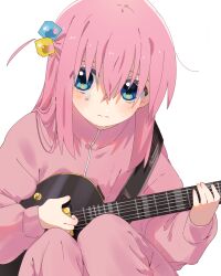 Rule 34 | 1girl, blue eyes, bocchi the rock!, closed mouth, cube hair ornament, electric guitar, gibson les paul, gotoh hitori, guitar, hair between eyes, hair ornament, highres, holding, holding instrument, instrument, jacket, long hair, long sleeves, looking at viewer, nervous, one side up, pants, pink hair, pink jacket, pink pants, rsb992112, simple background, sitting, solo, tears, track jacket, white background