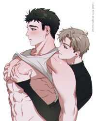 Rule 34 | 2boys, abs, bara, black hair, blush, clothes lift, from side, grabbing, grabbing from behind, highres, large pectorals, lifting another&#039;s clothes, male focus, multiple boys, muscular, muscular male, nipples, original, pectoral grab, pectorals, sanpaku, shirt lift, short hair, sideburns, sweatdrop, tank top, thick eyebrows, white tank top, yaoi, yotti