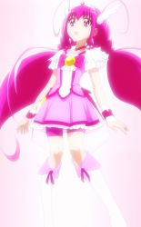 Rule 34 | 10s, 1girl, boots, cure happy, gradient background, highres, hoshizora miyuki, pink eyes, pink hair, pleated skirt, precure, screencap, shorts, shorts under skirt, skirt, smile precure!, twintails